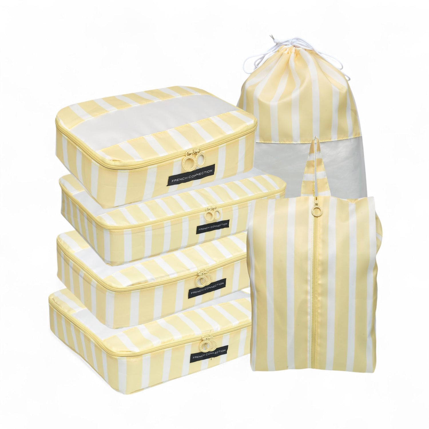 French Connection 6pc Packing Cube Set - Travel Storage Organizer Set for Luggage (Striped) in Yellow