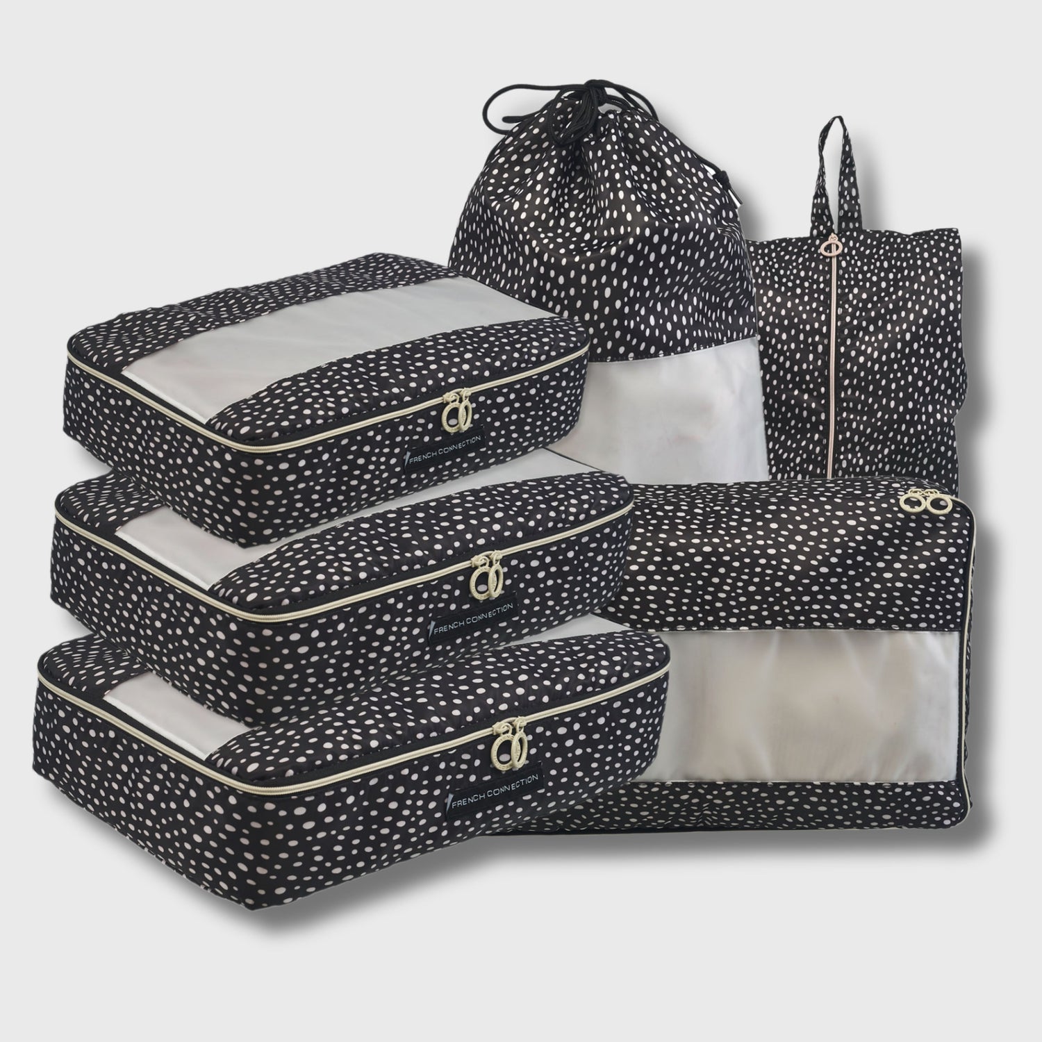 French Connection 6pc Packing Cube Set - Travel Storage Set (Polka Dot) in Black