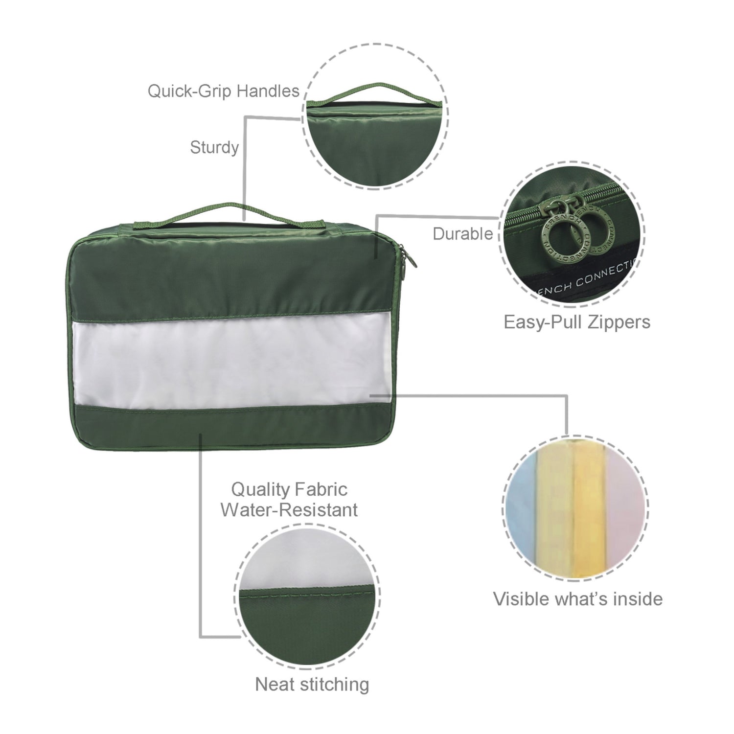 French Connection 6pc Packing Cube Set - Travel Storage Set for Luggage in Olive