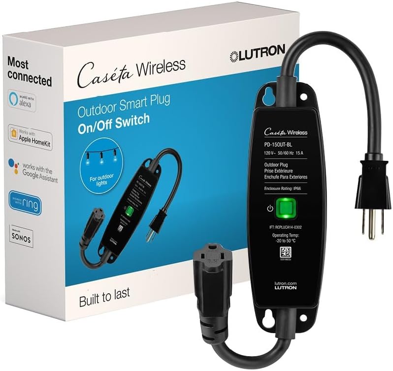 Lutron Caseta Smart Lighting Weatherproof+ Outdoor Smart Plug for Lights and Motors, Works w/ Alexa, Apple Homekit, Google Home (Hub Required), 15A LED Fixtures & 1/2 HP Motors, PD-15OUT-BL, Black