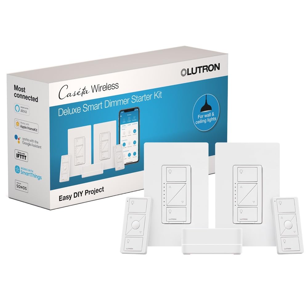 Lutron Caseta Smart Lighting Kit w/ Hub, 2 Original Dimmer Switches, 2 Pico Remotes, & More, for LED Bulbs, Works w/ Alexa, Apple Homekit, Google Home, 150W Single-Pole/3-Way, P-BDG-PKG2W-A