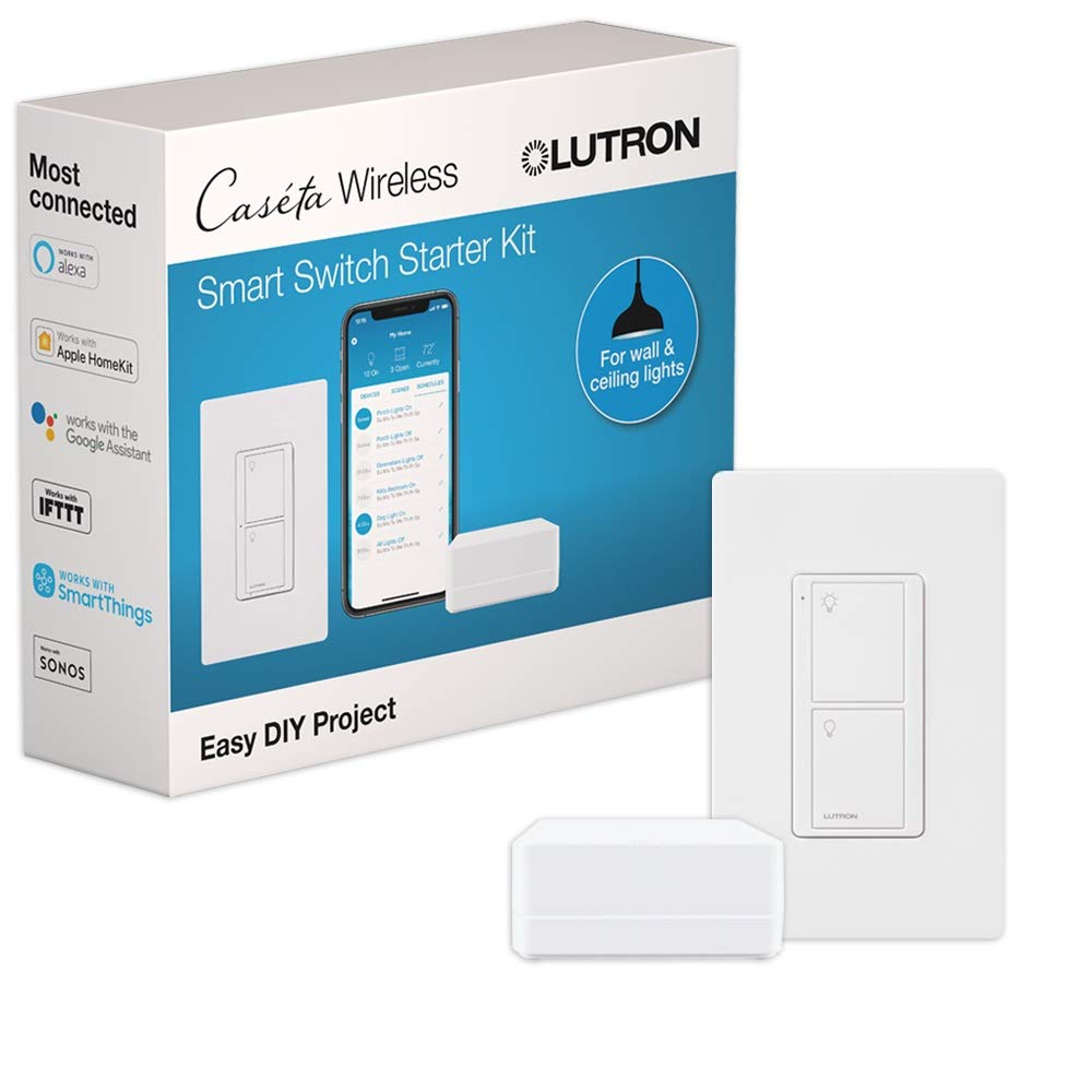 Lutron Caseta Smart Lighting Kit w/ Hub, Original Switch, & Wall Plate, for Light Bulbs and Fans, Works w/ Alexa, Apple Homekit, Google Home, 5A Single-Pole/3-Way, Neutral Required, P-BDG-PKG1WS