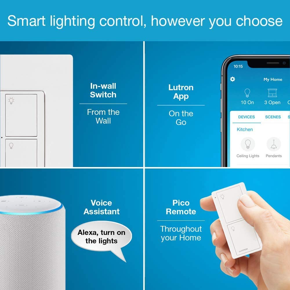 Lutron Caseta Smart Lighting Kit w/ Hub, Original Switch, & Wall Plate, for Light Bulbs and Fans, Works w/ Alexa, Apple Homekit, Google Home, 5A Single-Pole/3-Way, Neutral Required, P-BDG-PKG1WS