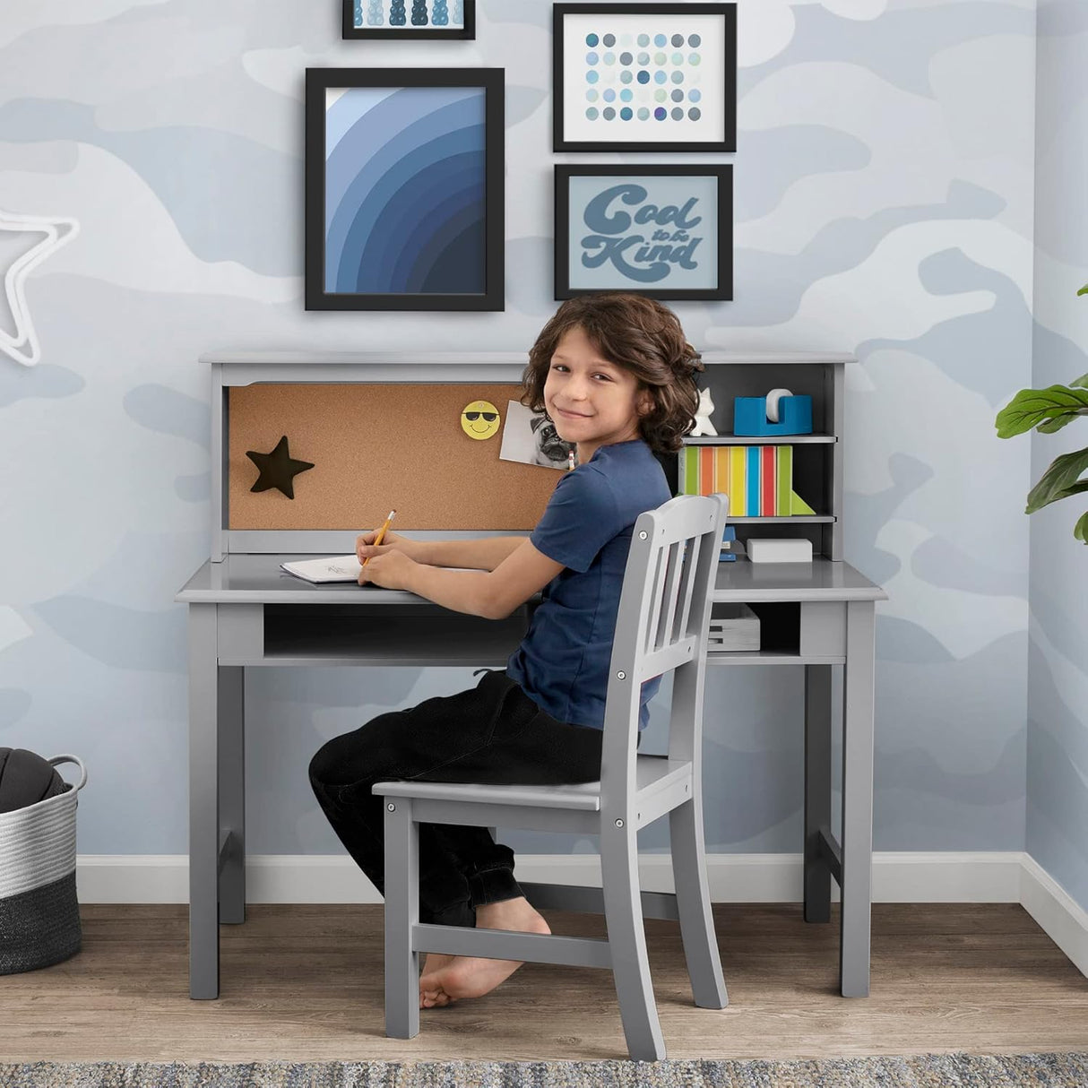 Delta Children Kids Wood Desk with Hutch and Chair  Grey