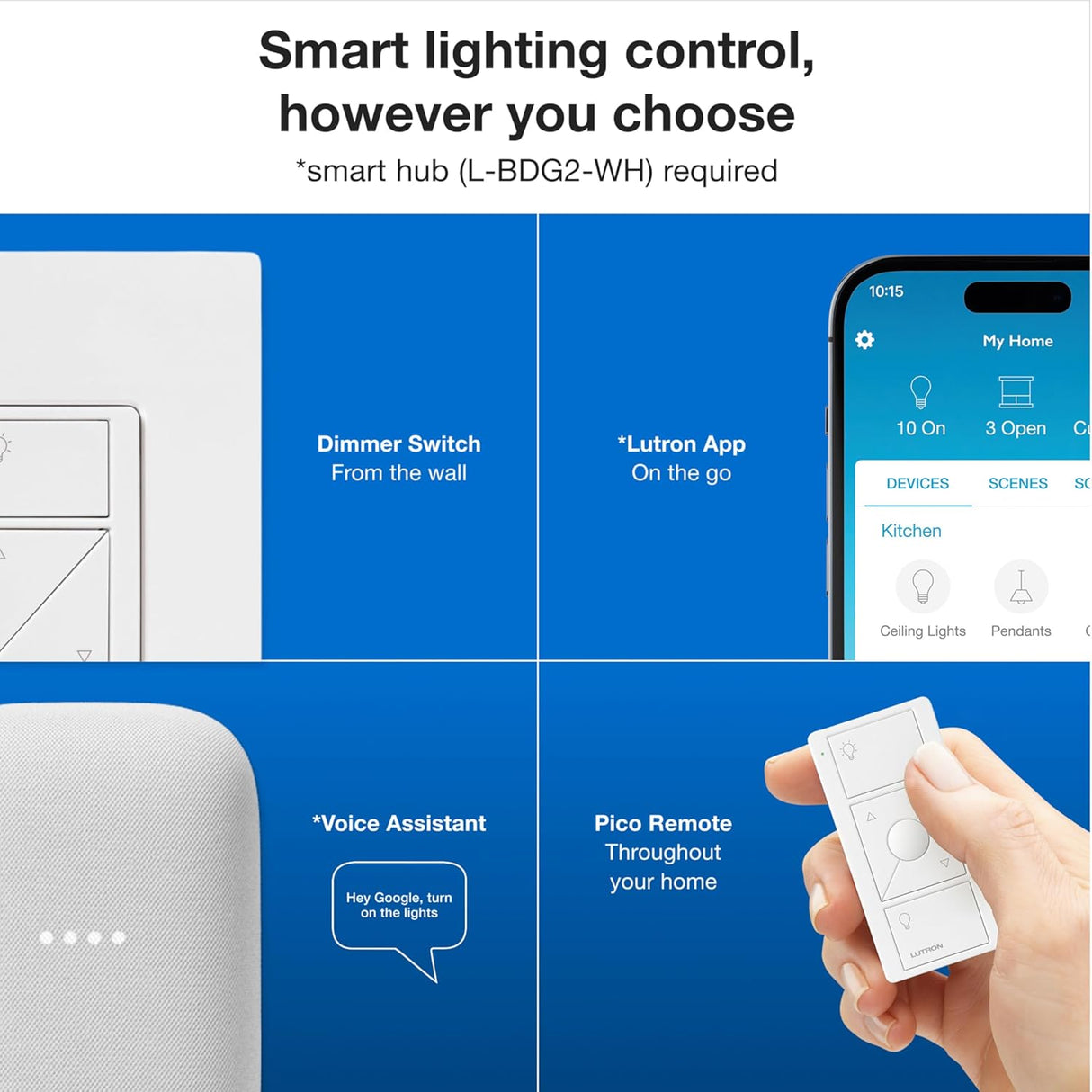Lutron Caseta Smart Lighting Kit w/ Hub, 2 Original Dimmer Switches, 2 Pico Remotes, & More, for LED Bulbs, Works w/ Alexa, Apple Homekit, Google Home, 150W Single-Pole/3-Way, P-BDG-PKG2W-A