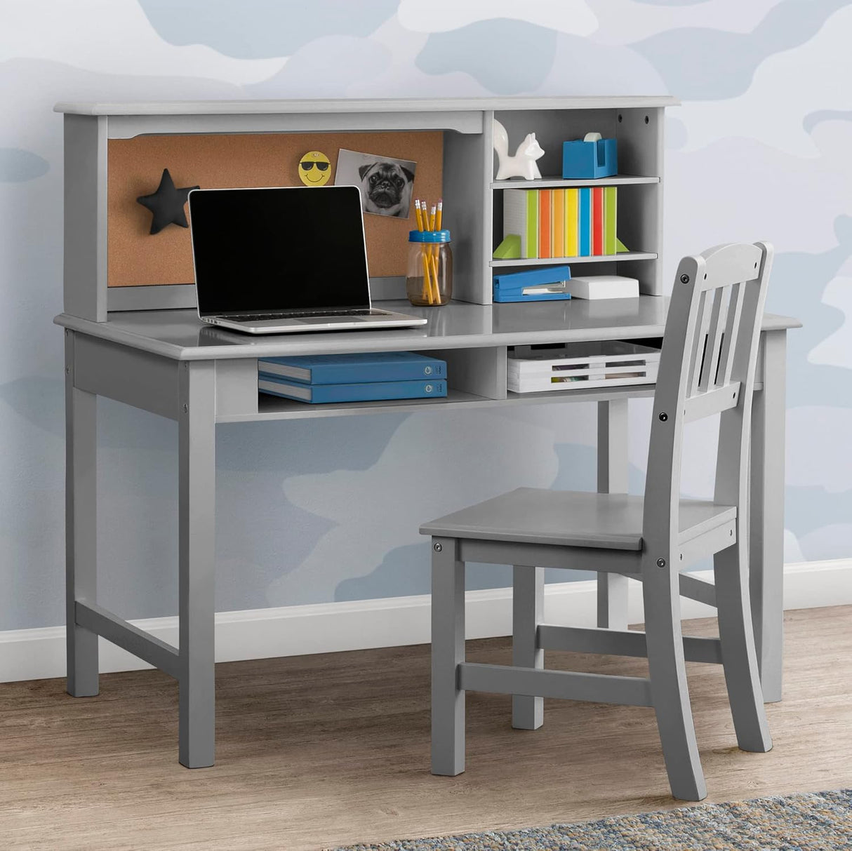 Delta Children Kids Wood Desk with Hutch and Chair  Grey