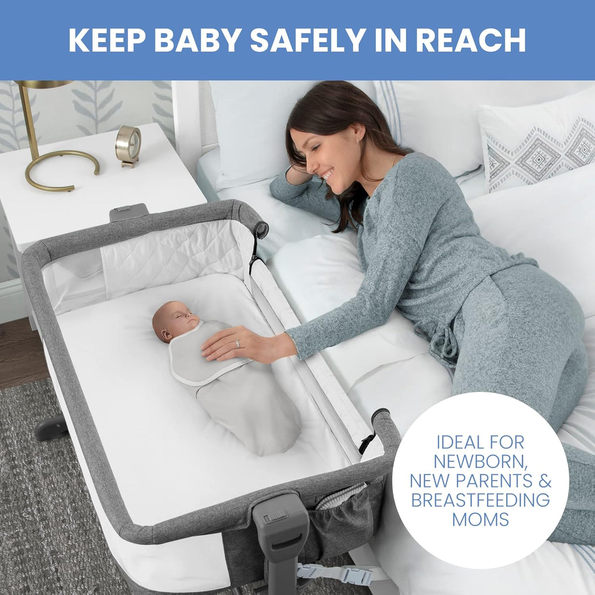 Close2Me Bedside Baby Bassinet Sleeper with Breathable Mesh and Adjustable Heights, Grey Tweed
