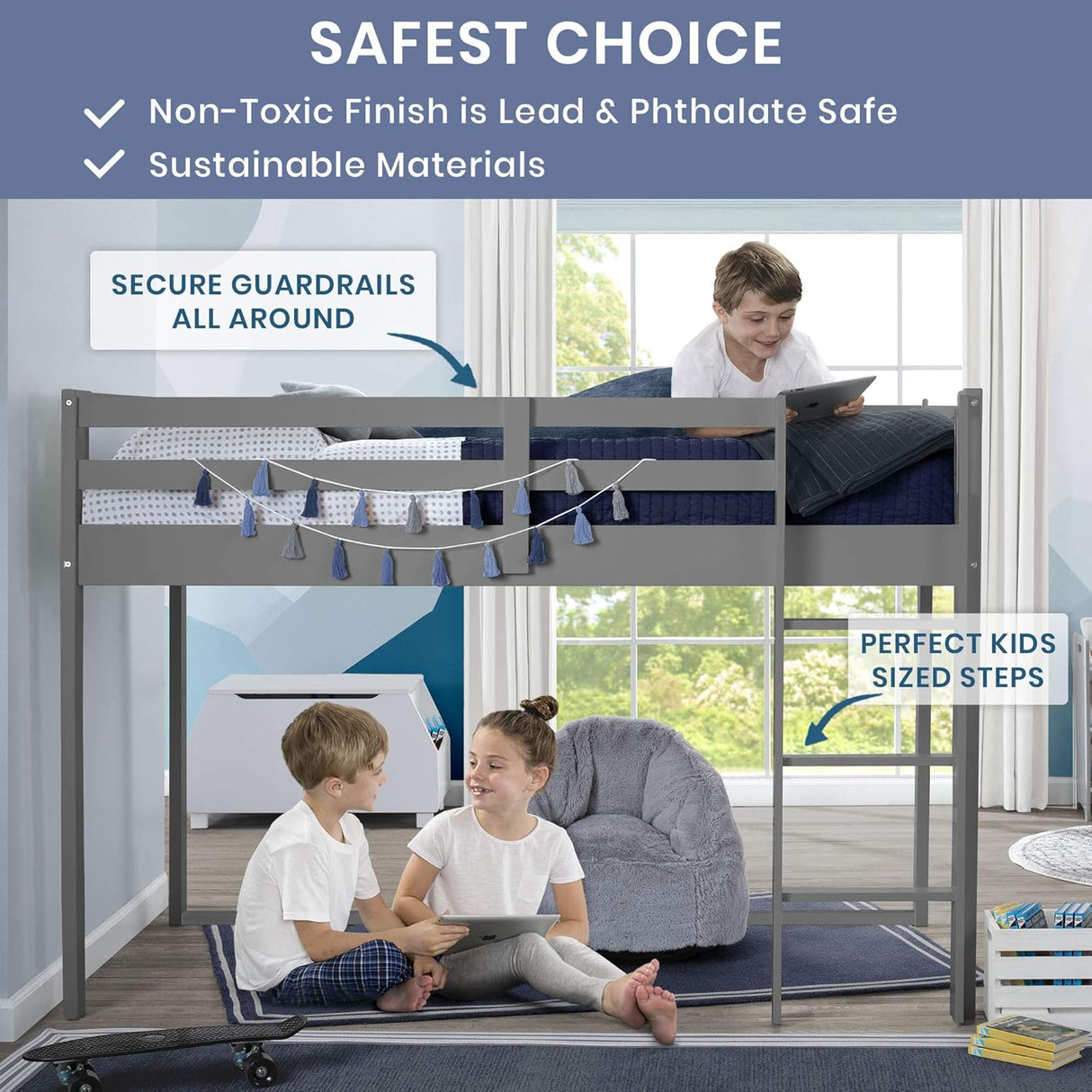 Delta Children Low Twin Loft Bed with Guardrail and Ladder, Cool Grey