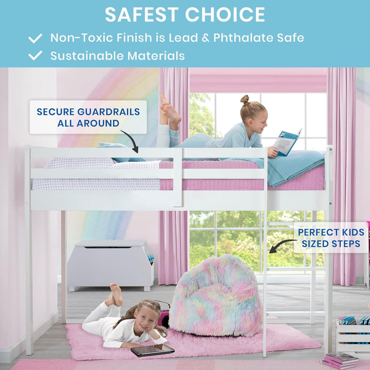 Delta Children Low Twin Loft Bed with Guardrail and Ladder, White