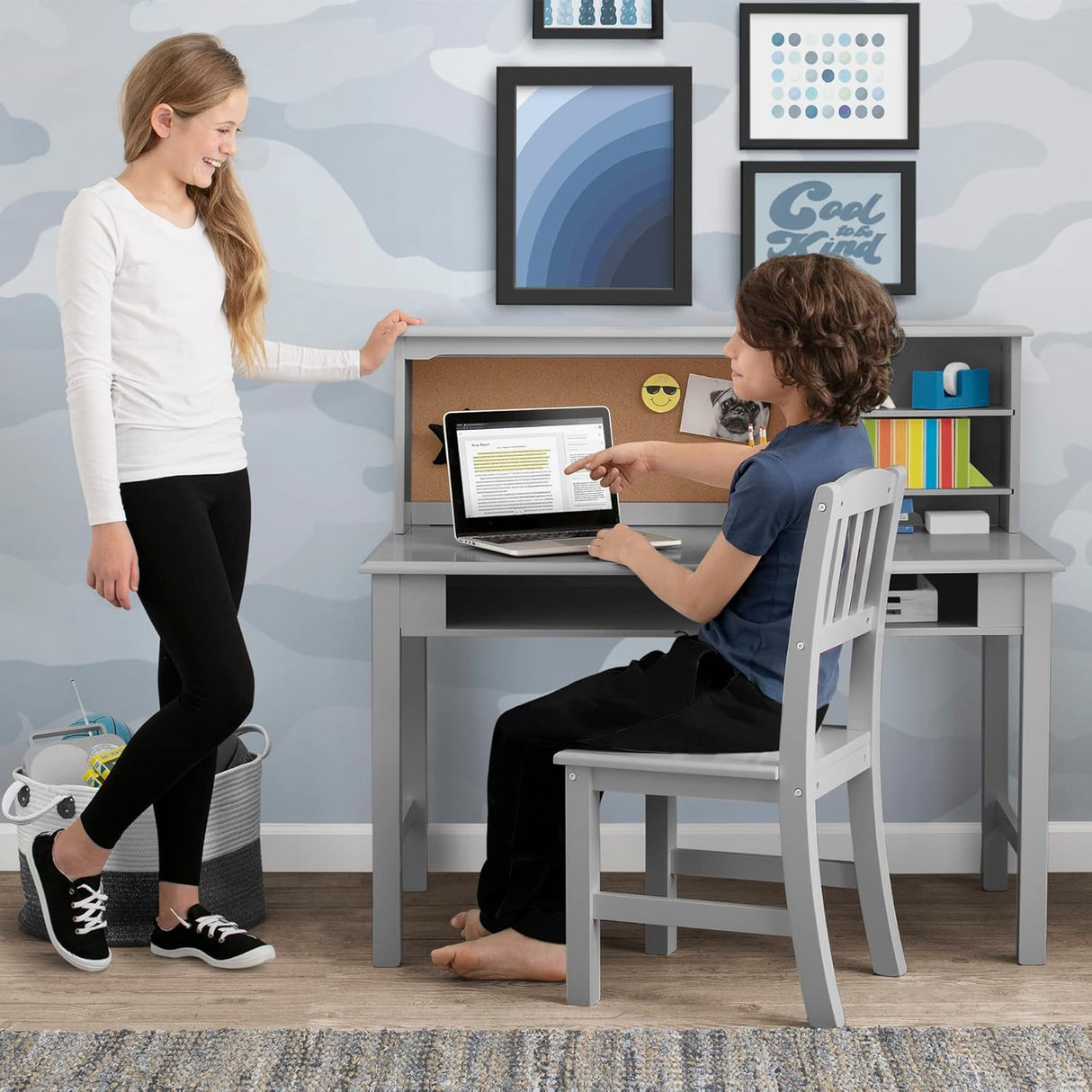 Delta Children Kids Wood Desk with Hutch and Chair  Grey