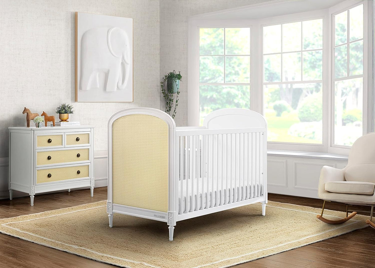 Delta Children Madeline 4-in-1 Convertible Crib Woven Cane Mesh Panels Bianca White/Textured Almond