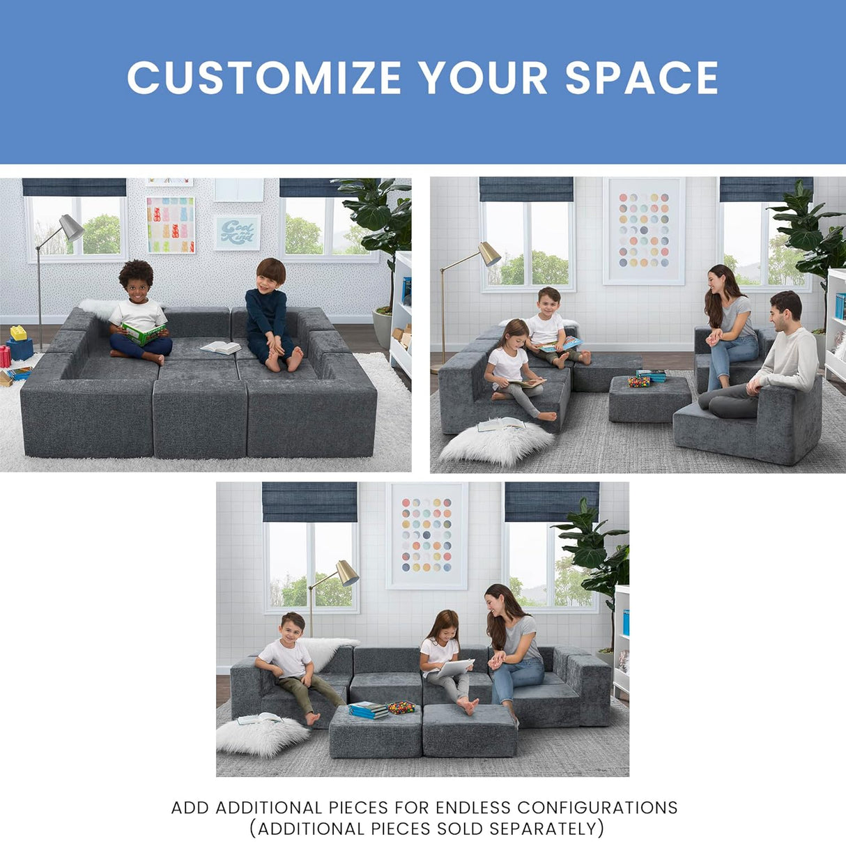 Delta Children Cozee 4-Piece Sectional Sofa Set, Grey