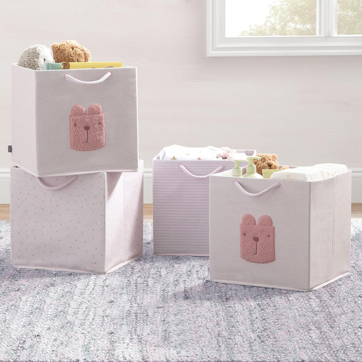 Delta Children 4-Pack Brannan Bear Fabric Storage Bins with Handles, Pink