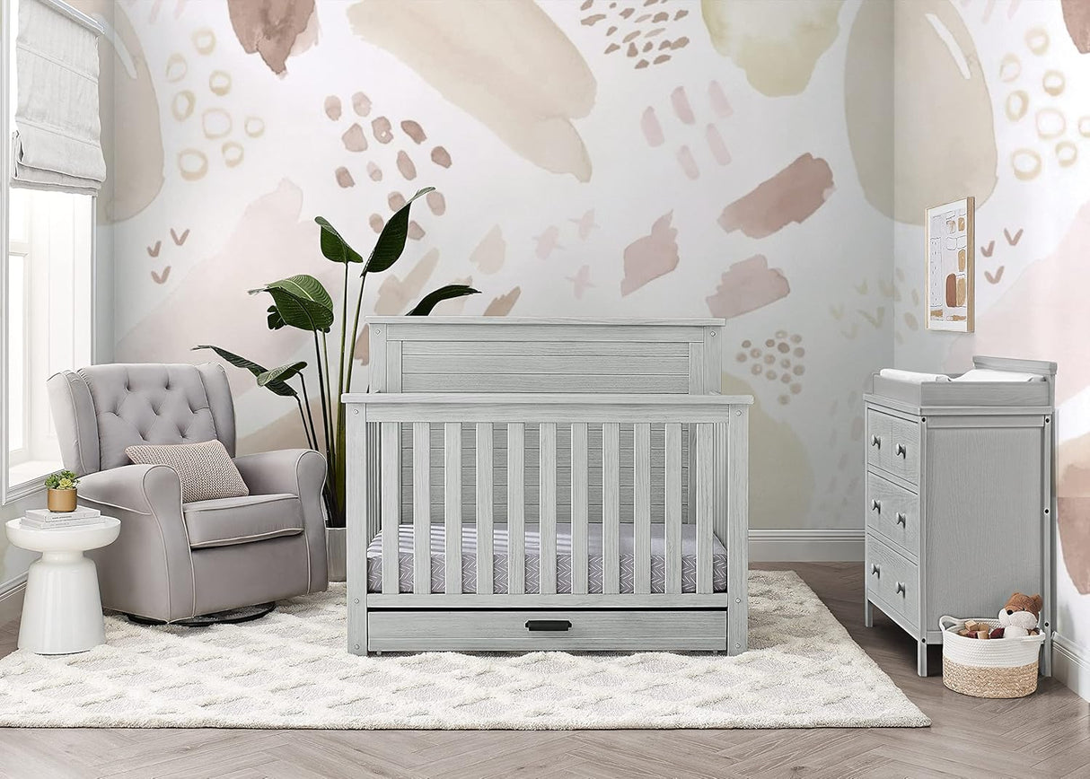 Delta Children Simmons Kids Caden 6-in-1 Convertible Crib with Trundle Drawer,  Rustic Grey