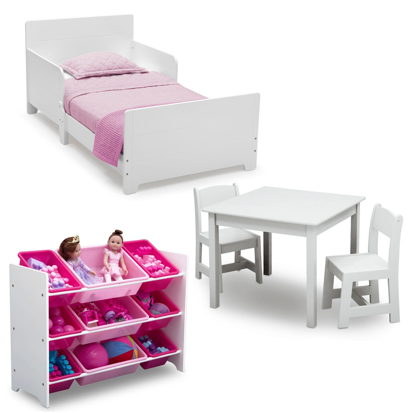 MySize White Toddler Bed Table, 9 Bin Plastic Toy Organizer  and Chair Set