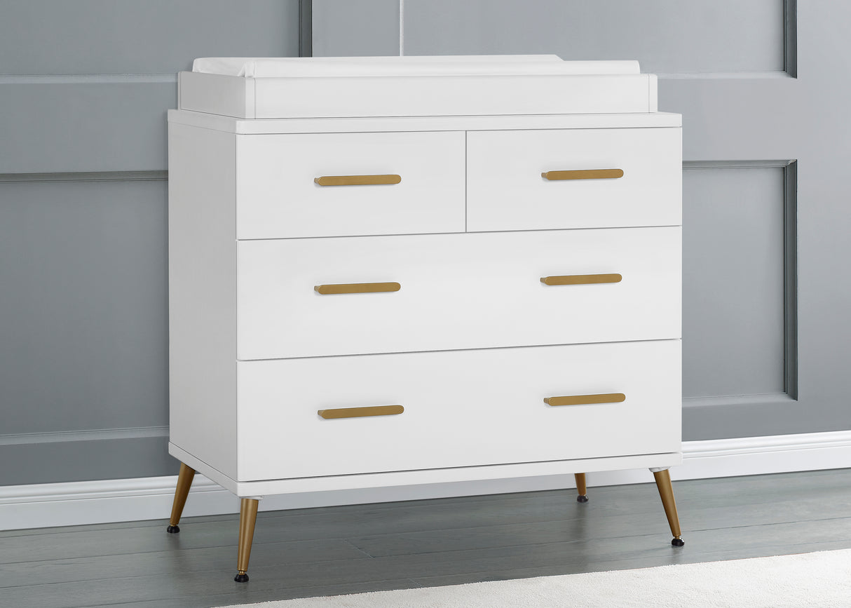 Delta Children Sloane 4 Drawer Dresser w/Changing Top and Interlocking Drawers,Bianca White/Bronze
