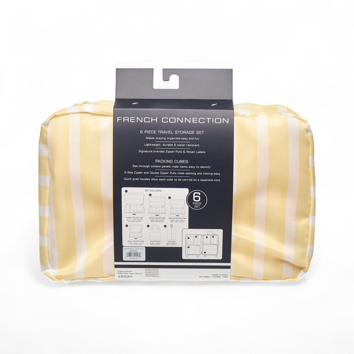 French Connection 6pc Packing Cube Set - Travel Storage Organizer Set for Luggage (Striped) in Yellow