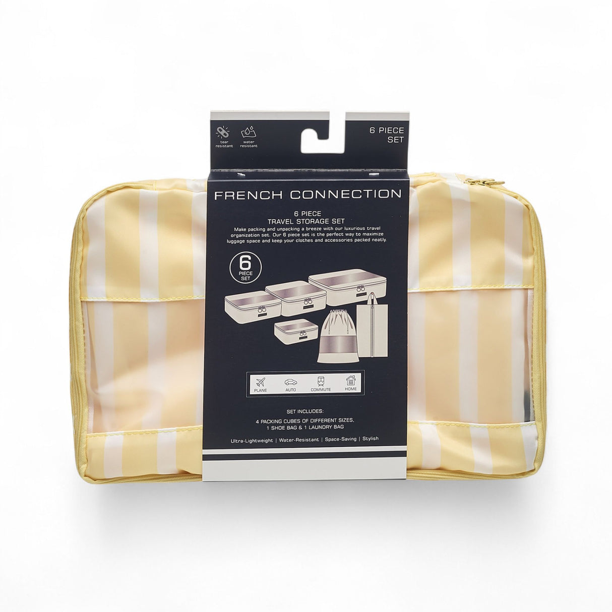 French Connection 6pc Packing Cube Set - Travel Storage Organizer Set for Luggage (Striped) in Yellow