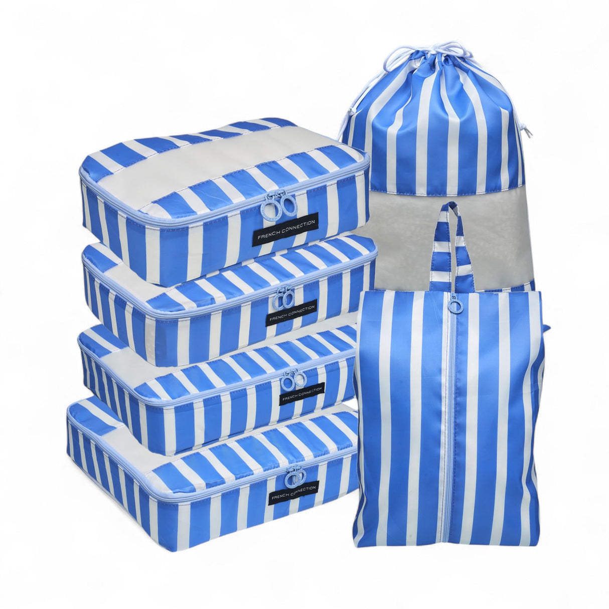 French Connection 6pc Packing Cube Set - Travel Storage Organizer Set for Luggage (Striped) in Blue