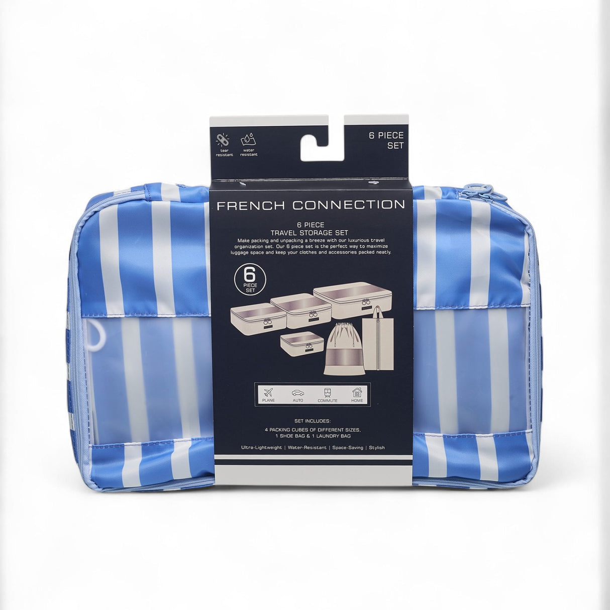 French Connection 6pc Packing Cube Set - Travel Storage Organizer Set for Luggage (Striped) in Blue