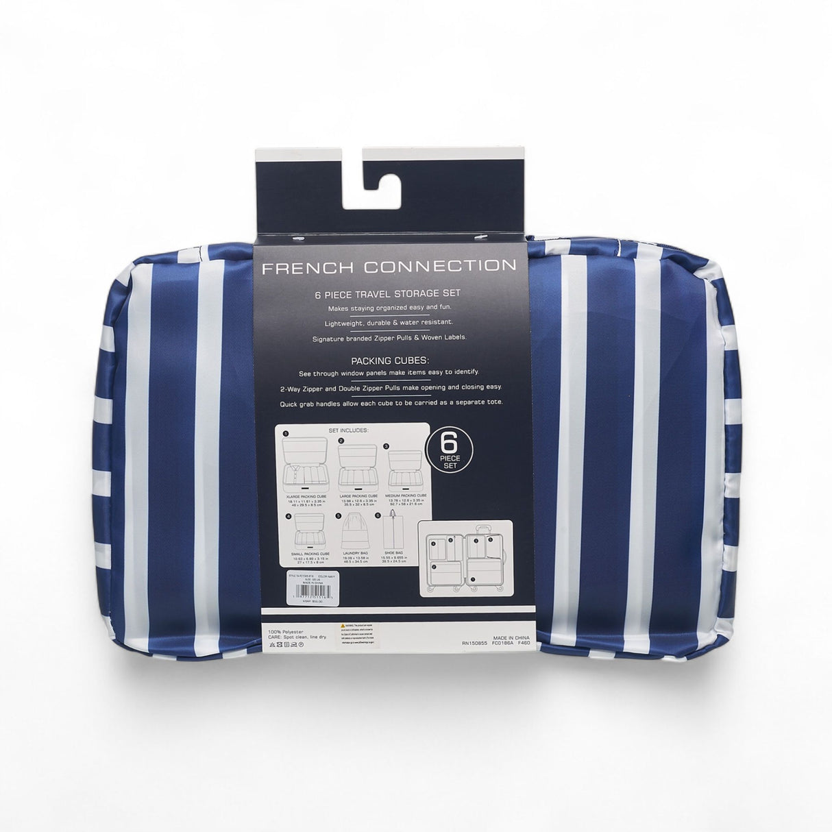 French Connection 6pc Packing Cube Set - Travel Storage Organizer Set for Luggage (Striped) in Navy
