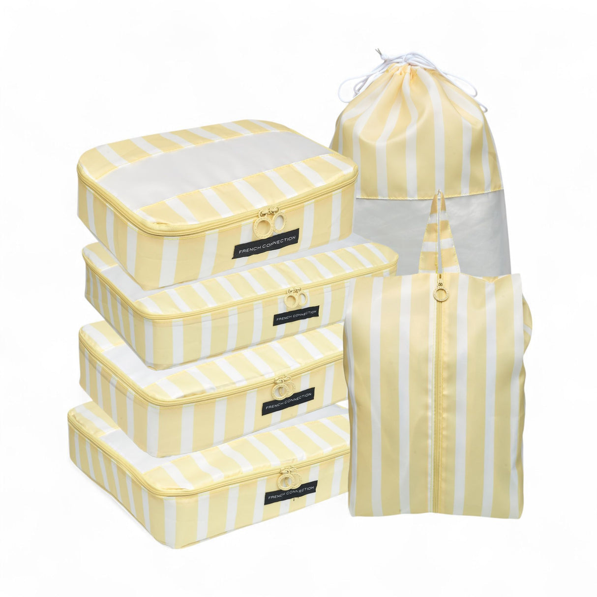 French Connection 6pc Packing Cube Set - Travel Storage Organizer Set for Luggage (Striped) in Yellow