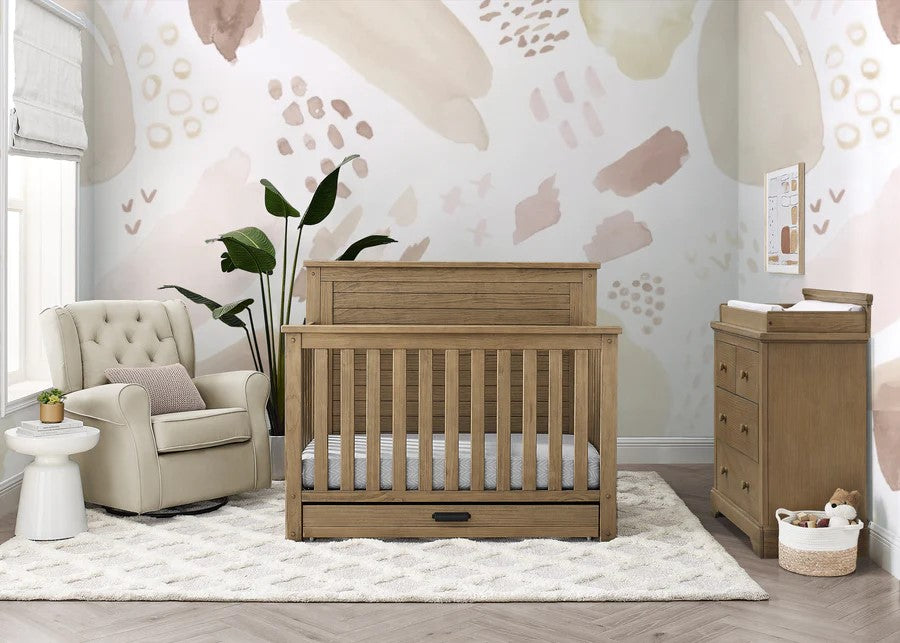 Delta Children Simmons Kids Caden 6-in-1 Convertible Crib with Trundle Drawer,  Rustic Acorn